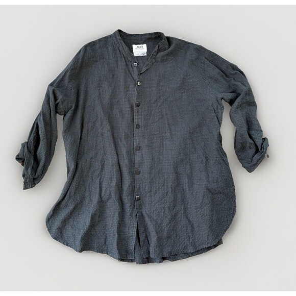 FLAX Tops - FLAX Linen Blend Mandarin Collar Shirt Womens L Black Waffle Texture Tunic